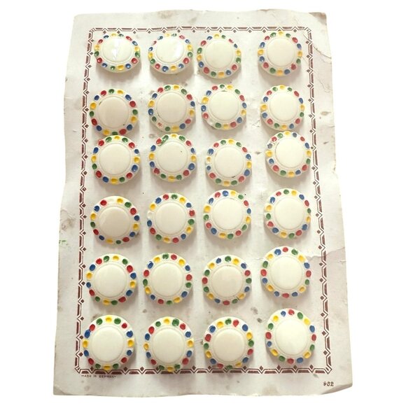 VTG 24 German Shank Buttons Hand Painted Dots White Original Card Sewing Germany - Picture 2 of 7